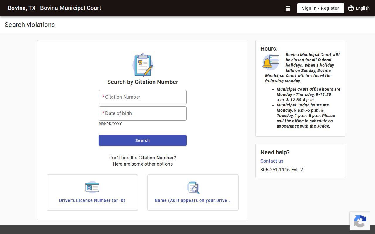 Bovina warrant records: municipal citation search fields