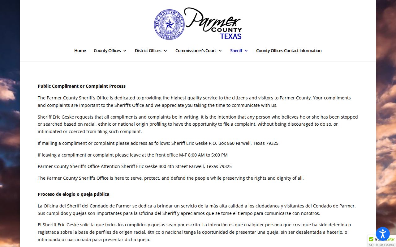 Parmer County warrant records: Sheriff written-contact and office-hours page
